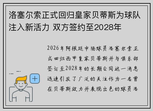 洛塞尔索正式回归皇家贝蒂斯为球队注入新活力 双方签约至2028年 洛塞尔索正式回归皇家贝蒂斯为球队注入新活力 双方签约至2028年