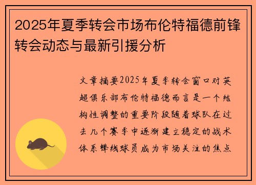 2025年夏季转会市场布伦特福德前锋转会动态与最新引援分析